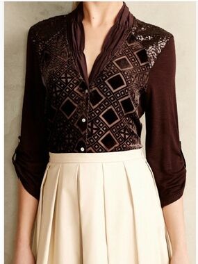 Anthropologie TINY Leighton Velvet Burnout Buttondown Blouse S Sequins Y2K NWT